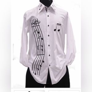 Axxess White Cotton Black Music Notes Embroidery Collar French Cuff Shirt XXL